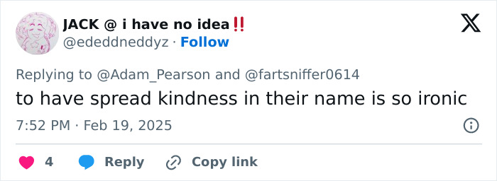 Screenshot of a tweet mentioning Adam Pearson, discussing irony in spreading kindness.