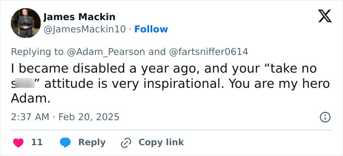 Tweet praising Adam Pearson's inspirational attitude, screenshot of user reply.