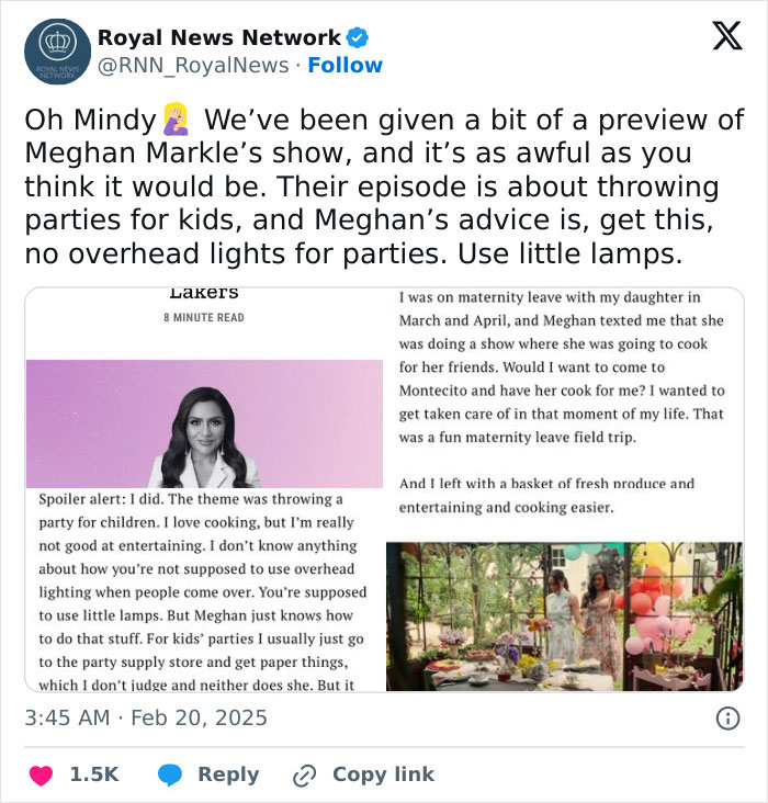 Fans react to Meghan Markle's kids' party advice; discussed in a tweet with text highlighting her event tips.