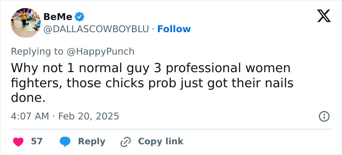 Tweet criticizing controversial MMA fight format involving pro men and untrained women.