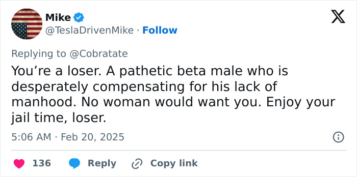 Tweet responding to Andrew Tate, criticizing his behavior, calling him a pathetic beta male and mentioning jail time.