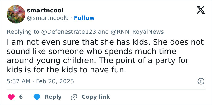 Tweet criticizing Meghan Markle's kids' party advice; questions her experience with children.