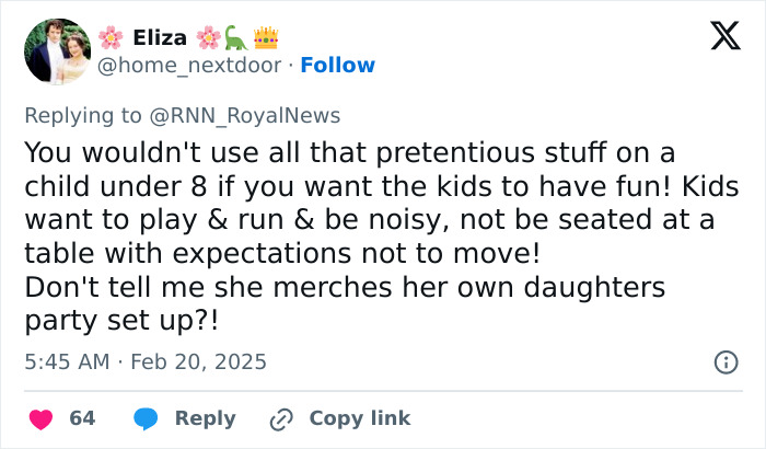 Tweet critiquing Meghan Markle's kids' party advice, expressing skepticism about appropriate event expectations.