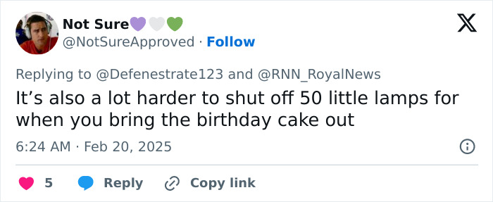 Tweet criticizing Meghan Markle's advice on kids' parties, mentioning birthday cake and lamps.