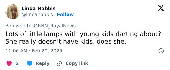 Linda Hobbis's tweet questioning Meghan Markle's advice on kids' parties.