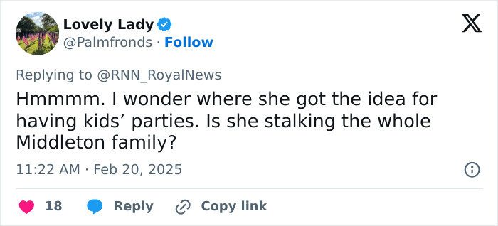 Tweet expressing skepticism about Meghan Markle's children's party advice.