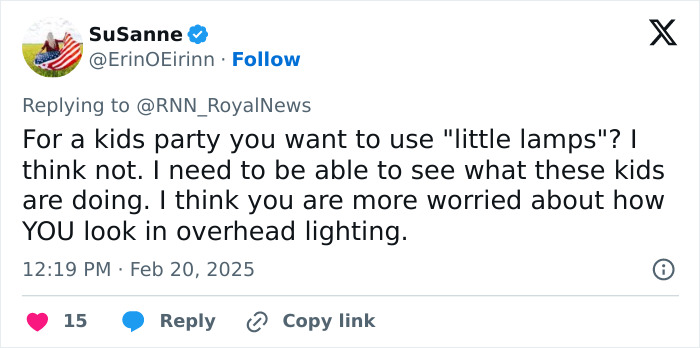 Tweet critiquing Meghan Markle's advice on kids' parties, remarking on lighting choices.