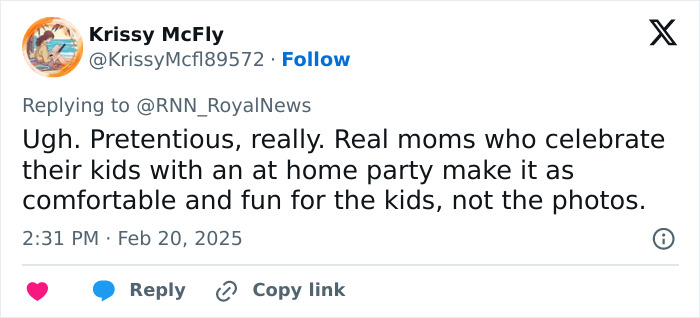 Tweet criticizing Meghan Markle's advice on kids' parties as pretentious.