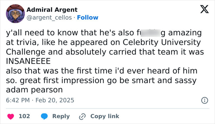 Tweet praising Adam Pearson's trivia skills on Celebrity University Challenge.