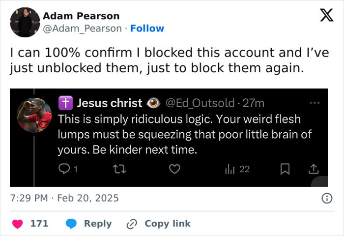 Adam Pearson responds to a troll with humor on social media, reinforcing his stance against "anti-trans" claims.