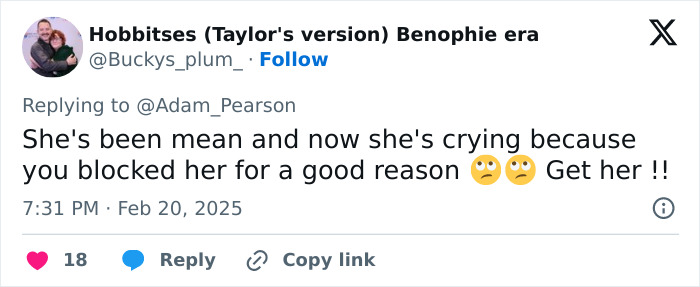 Tweet replying to Adam Pearson about blocking someone for being mean.