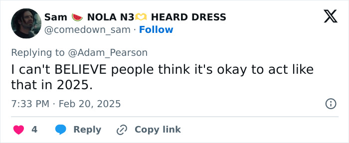 Tweet mentioning Adam Pearson responding to online criticism about behavior in 2025.