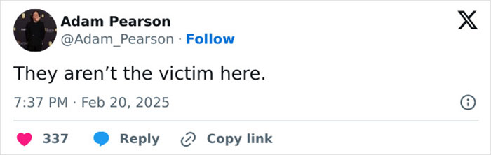 Adam Pearson tweet saying, "They aren’t the victim here," with timestamp and engagement icons shown.