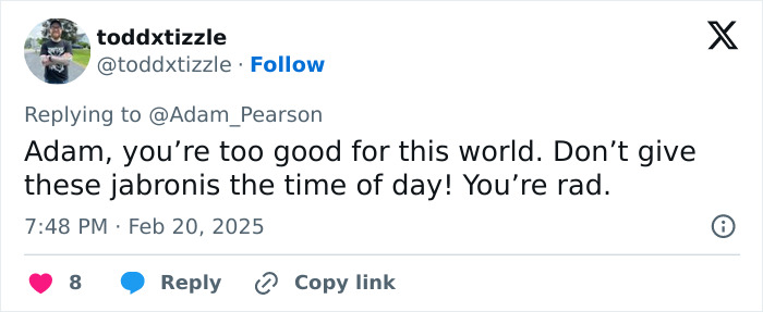 Tweet supporting Adam Pearson against trolls, encouraging him to stay strong and positive.