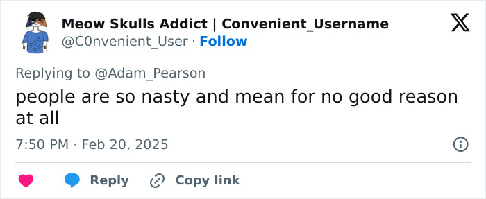 Tweet reply mentioning Adam Pearson, discussing mean behavior online.