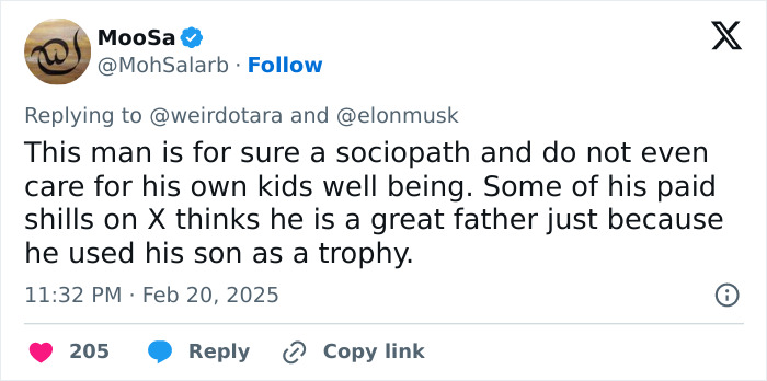 Tweet criticizing Elon Musk\'s parenting, mentioning sociopath and using his son as a trophy.