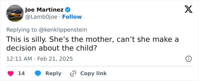 Tweet discussing decision-making about a child amid Grimes and Elon Musk controversy.