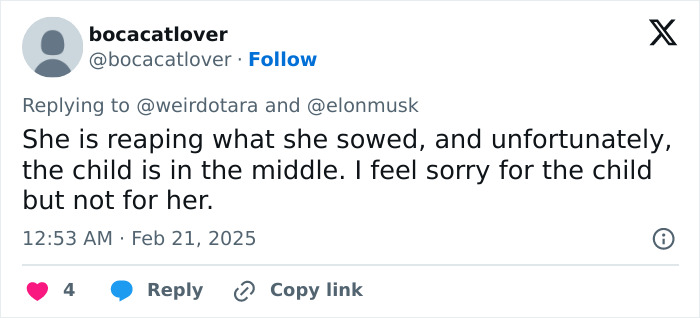 Tweet about Grimes calling out Elon Musk over a child\'s medical crisis, expressing sympathy for the child.