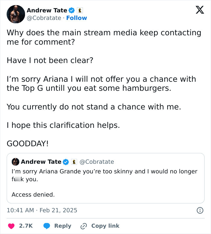 Tweet by Andrew Tate commenting on Ariana Grande's body, discussing media inquiries.