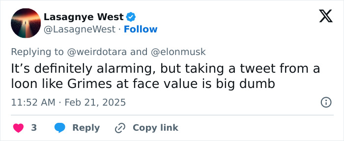 Tweet mentioning Grimes and Elon Musk regarding a controversial statement.