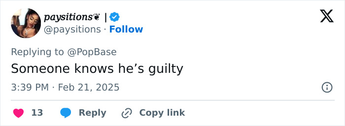 Tweet screenshot discussing lawyer quitting before Diddy's trial date, implying guilt.