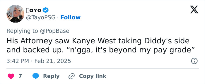 Tweet discussing Diddy's lawyer quitting, mentioning Kanye West's involvement, with reactions and timestamp.