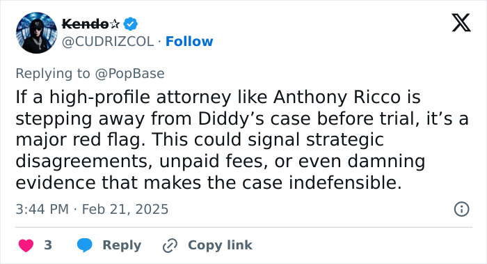 Tweet discussing Diddy's lawyer quitting before trial date, highlighting potential issues in the case.