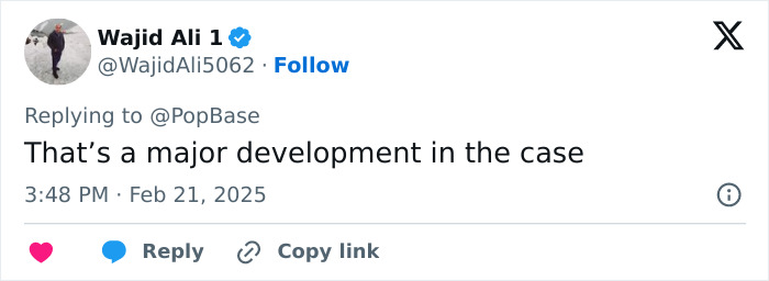 Tweet by Wajid Ali about a development in Diddy's lawyer case.