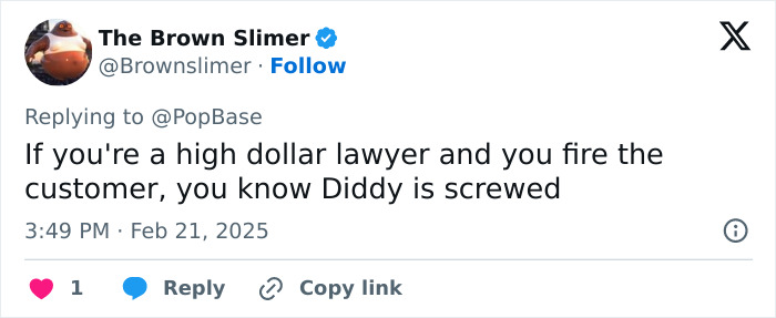 Tweet mentioning Diddy's lawyer quitting before trial, implying trouble for him.