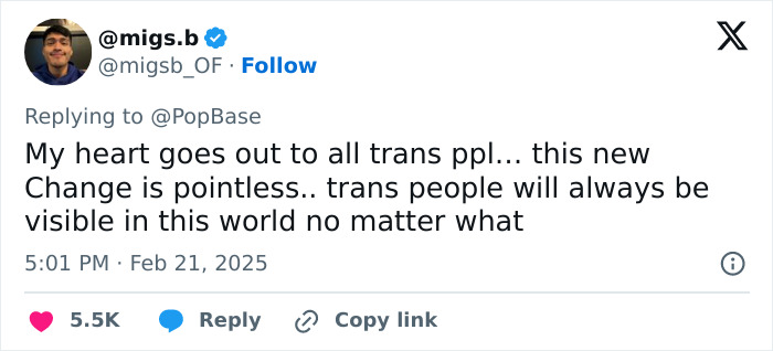 Tweet expressing solidarity with trans people about recent changes, emphasizing their visibility and importance in the world.