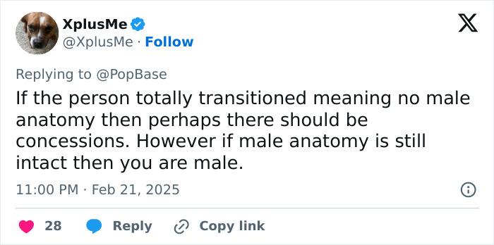 Tweet discussing gender identity, addressing views on male anatomy and transitioning, related to Hunter Schafer.