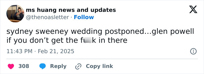 Screenshot of a tweet mentioning Sydney Sweeney's wedding postponement and Glenn Powell.