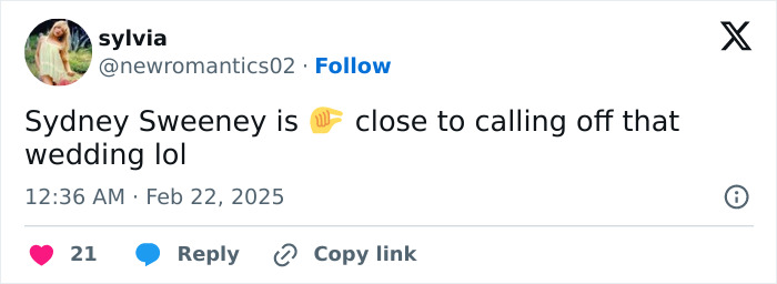 Tweet suggesting Sydney Sweeney postponing wedding, with pointing emoji.