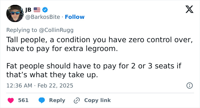 Tweet discussing airlines and fees for obese passengers, comparing to charges for tall people needing legroom.