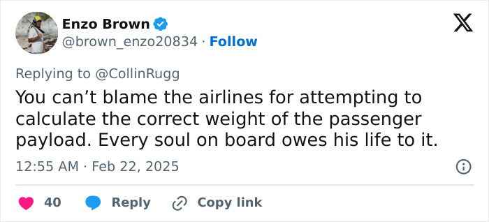 Tweet by Enzo Brown discussing airlines weighing fees for obese passengers, emphasizing safety and passenger payload.