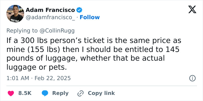 Adam Francisco tweets on airlines weighing fees, sparking debate on discrimination against obese passengers.