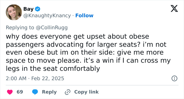 Tweet discussing airlines and obese passenger seat size concerns.