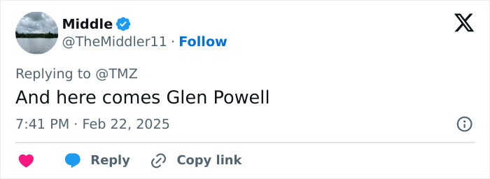 Tweet mentioning Glenn Powell, posted by user @TheMiddler11 on February 22, 2025.