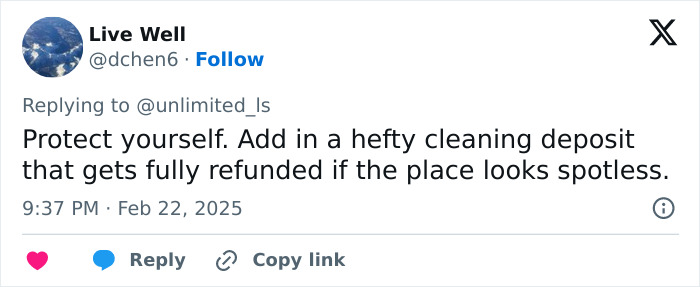 Tweet discussing cleaning deposit for Harry Potter Airbnb rental protection.