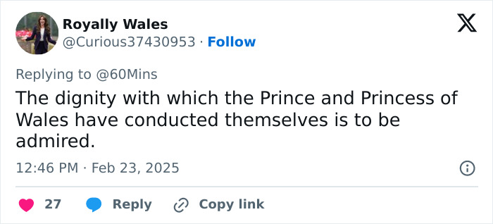 Tweet about Prince William’s reaction to Kate’s cancer news, praising their dignity.