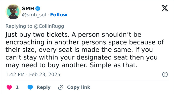 Tweet about airlines considering fees for obese passengers, suggesting buying two tickets for additional space.