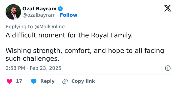 Tweet mentioning the Royal Family, expressing support and hope in challenging times.