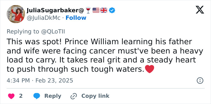 Tweet discussing Prince William's reaction to cancer diagnosis, highlighting resilience and strength with a heart emoji.