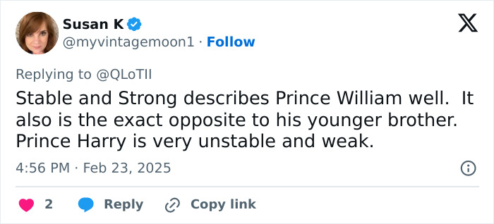 Tweet discussing Prince William as stable and strong, contrasting with Prince Harry.