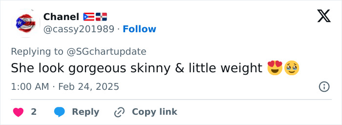 Tweet commenting on weight loss at 2025 SAG Awards with heart and smiling emojis.