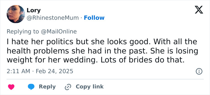 Twitter reply mentioning weight loss, politics, and health issues related to a wedding.