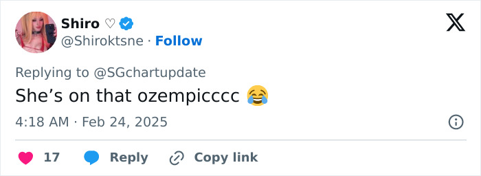 Tweet referencing Ozempic with a laughing emoji, suggesting dramatic weight loss.