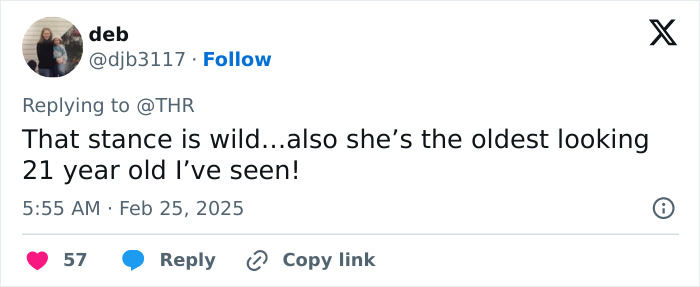 Screenshot of a tweet replying to @THR about Millie Bobby Brown, dated February 25, 2025.