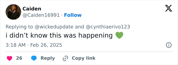 Tweet from Caiden commenting on the Oscars nominees dinner, expressing surprise with a green heart emoji.