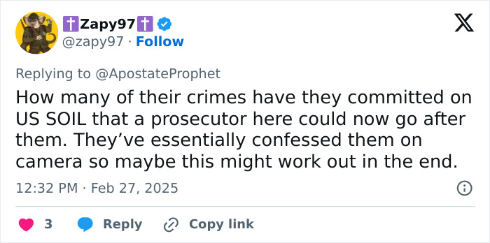 Tweet discussing criminals and potential prosecution on US soil.